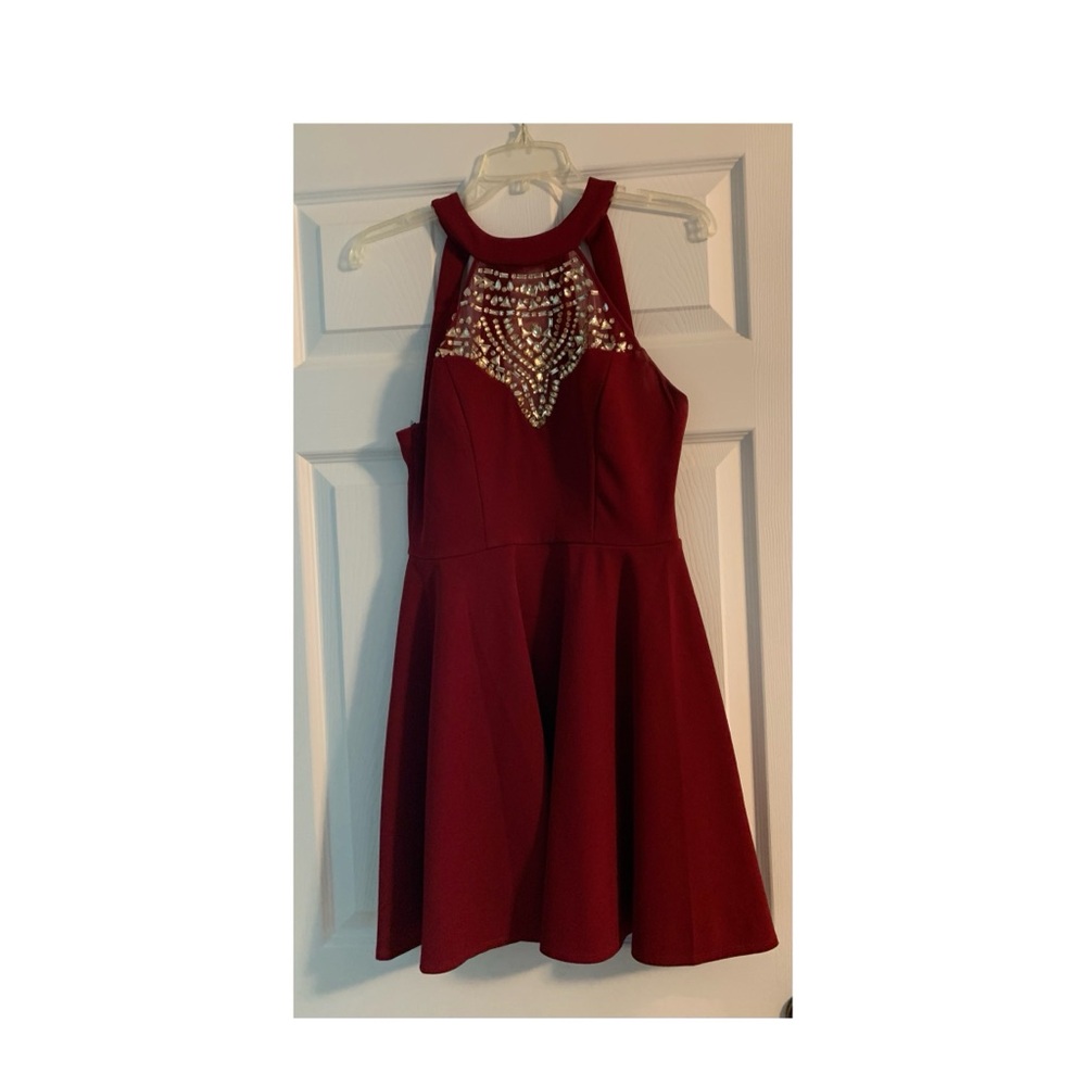 B Darlin Red and Gold Sequin Fit and Flare Mini Dress